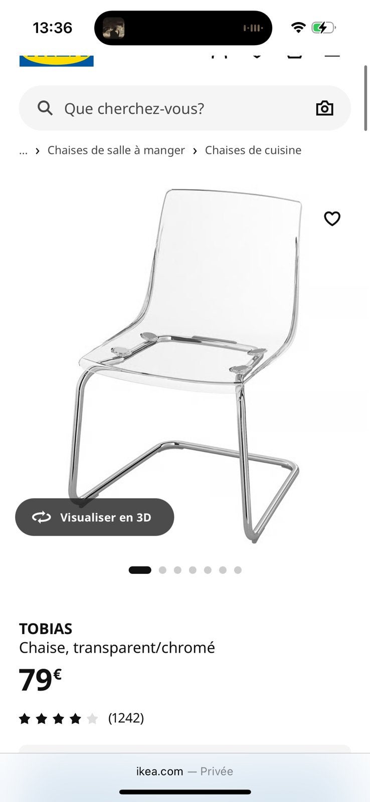 Chaise transparente IKEA TOBIAS, Maison & Meubles, Enlèvement, Comme neuf, Transparente chromé, Quatre
