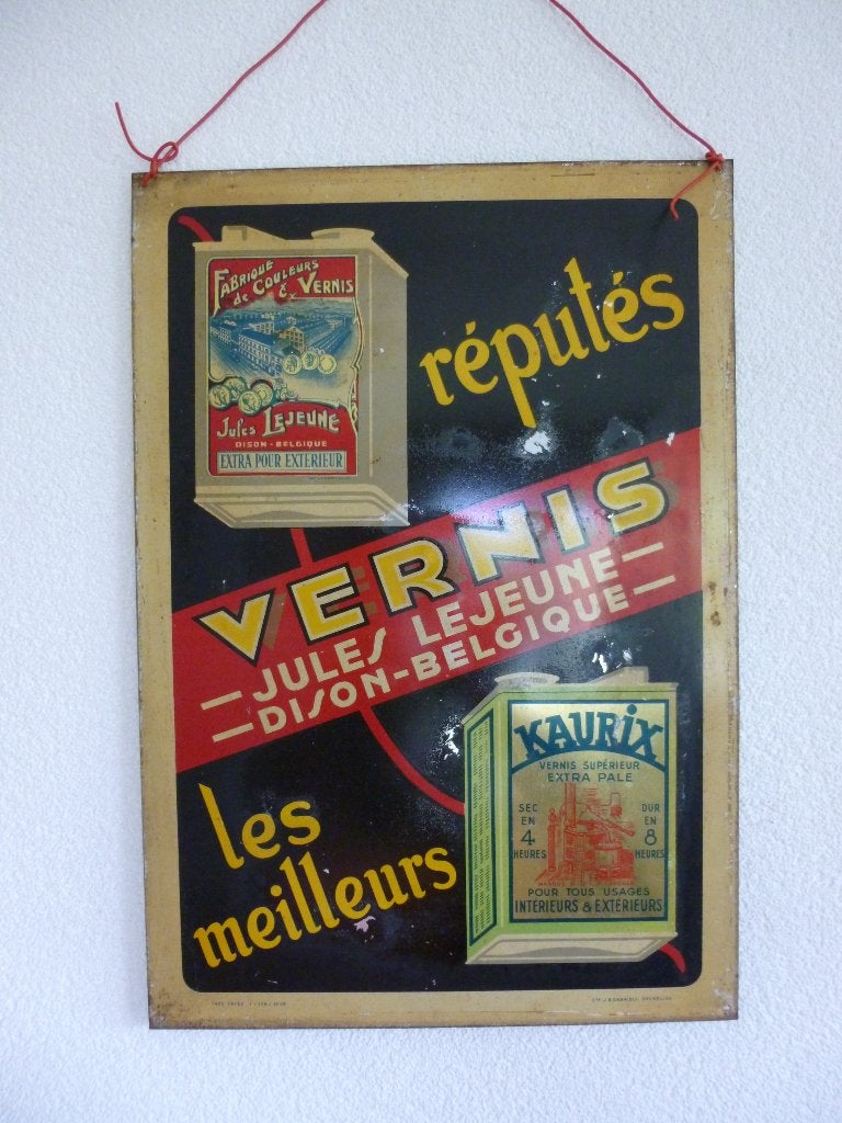 PANNEAU D'AFFICHAGE EN ÉTAIN « VERNIS JULES LEJEUNE » 1949, Enlèvement ou Envoi, Utilisé, Panneau publicitaire