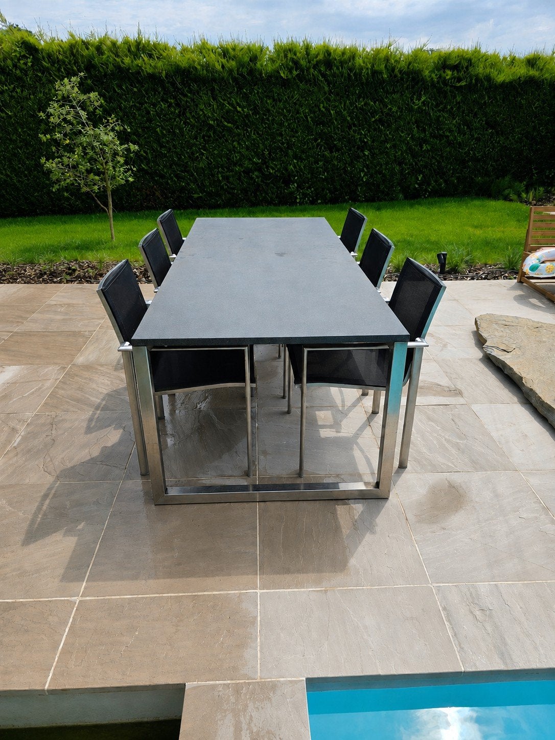 RVS / graniet tuintafel & 6 stoelen, Tuin en Terras, Tuintafels, Ophalen, Rvs