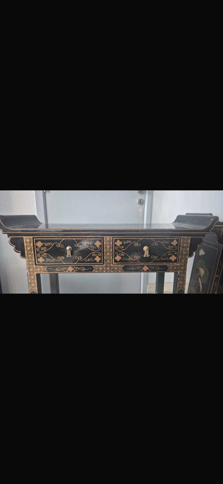 Console chinoise laquée noire – Style asiatique – 2 tiroirs, Enlèvement