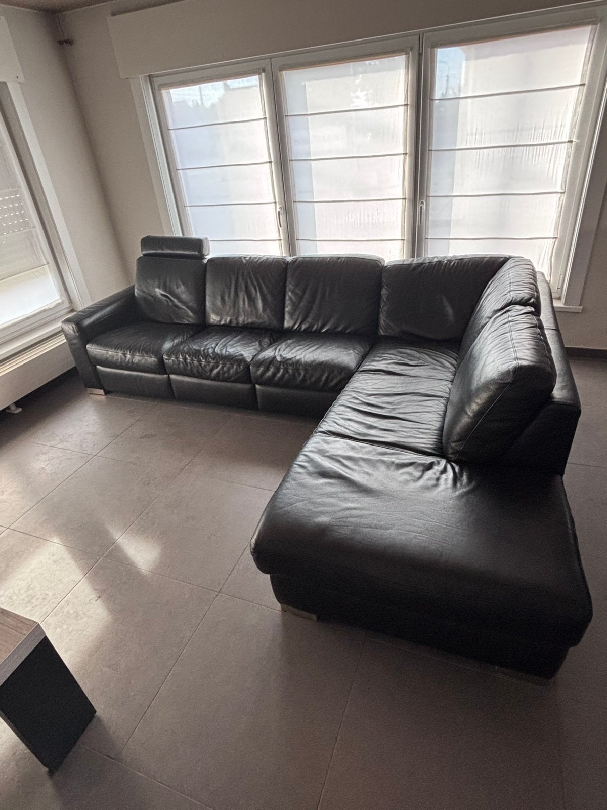 Zwarte lederen hoekzetel Italsofa, Huis en Inrichting, Ophalen, Gebruikt, Leer