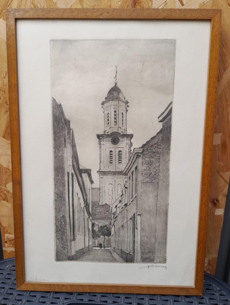Ets, Juliaan Severin, Lokeren, Antiek en Kunst, Kunst | Etsen en Gravures, Ets, Gesigneerd, Ingelijst, Origineel, Stadsgezicht