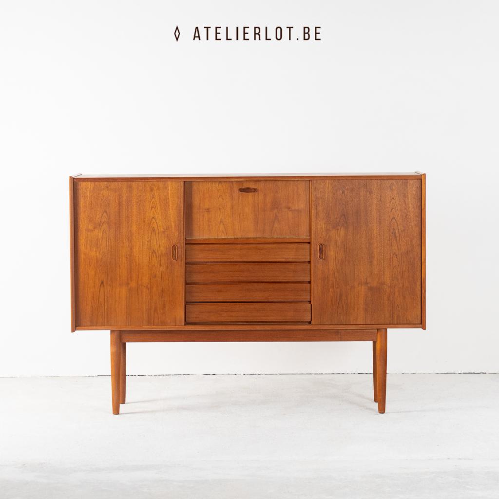 Scandinavisch highboard teak, Ophalen, 100 tot 150 cm, 150 tot 200 cm, Vintage