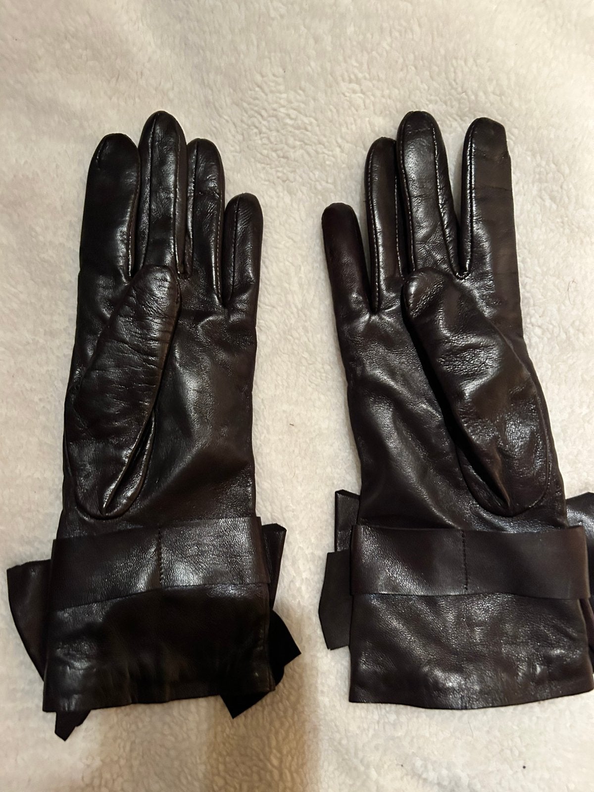 Lederen handschoenen bruin met strik, Ophalen of Verzenden, Handschoenen