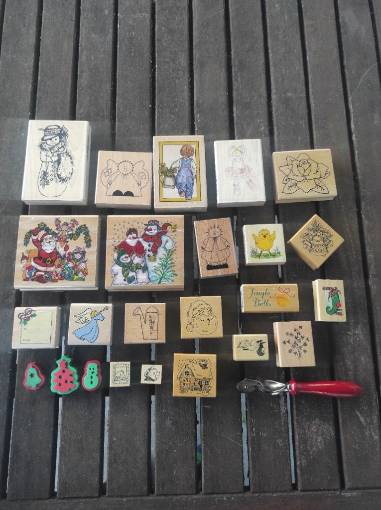 24 Houten stempels met tool op blok, Ophalen, Gebruikt, Houten stempel