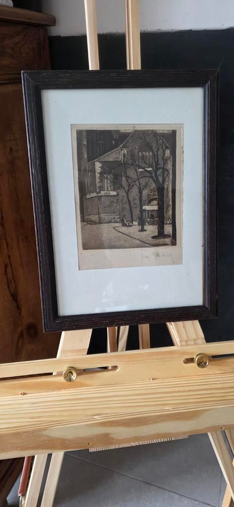 Oude ets gesigneerd Jean Goethals — ingelijst, Antiek en Kunst, Ophalen, Architectuur, Gravure, Met passe-partout