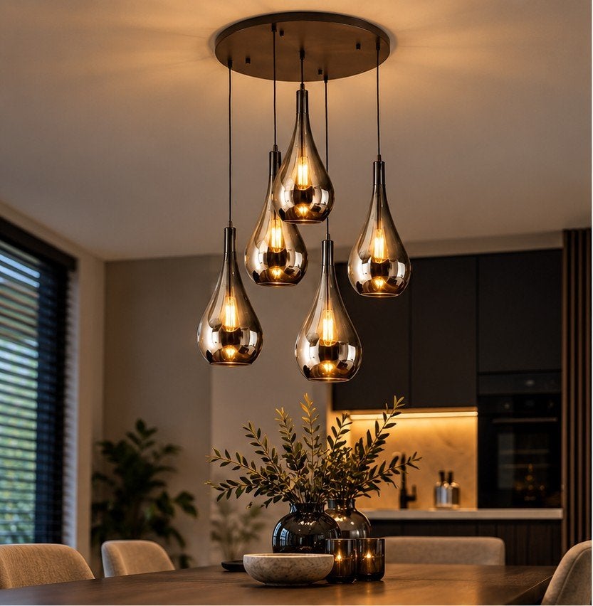 Lampe suspendue avec 5 gouttes en verre fumé, Enlèvement, Verre