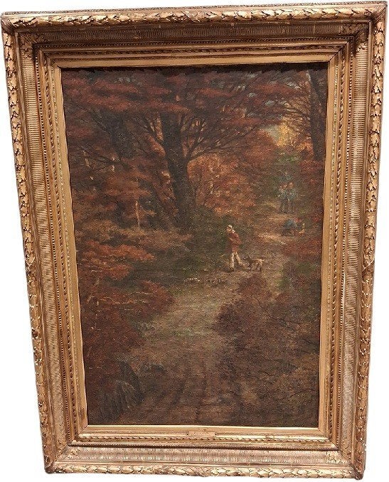 Eugene Smits herfstwandeling in het bos 1826-1912, Antiek en Kunst, Kunst | Schilderijen | Klassiek, Ophalen, Doek, Bijzondere lijst