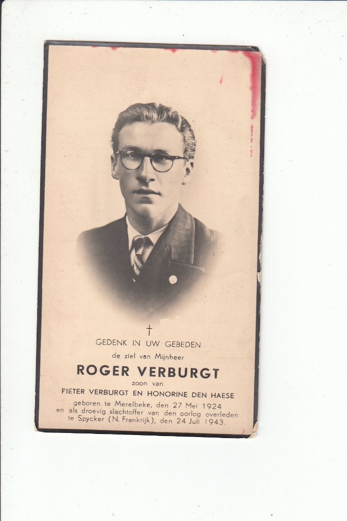 Slachtoffer WO II - Merelbeke - gevallen te Spycker (FR) '43, Collections, Images pieuses & Faire-part, Envoi, Image pieuse