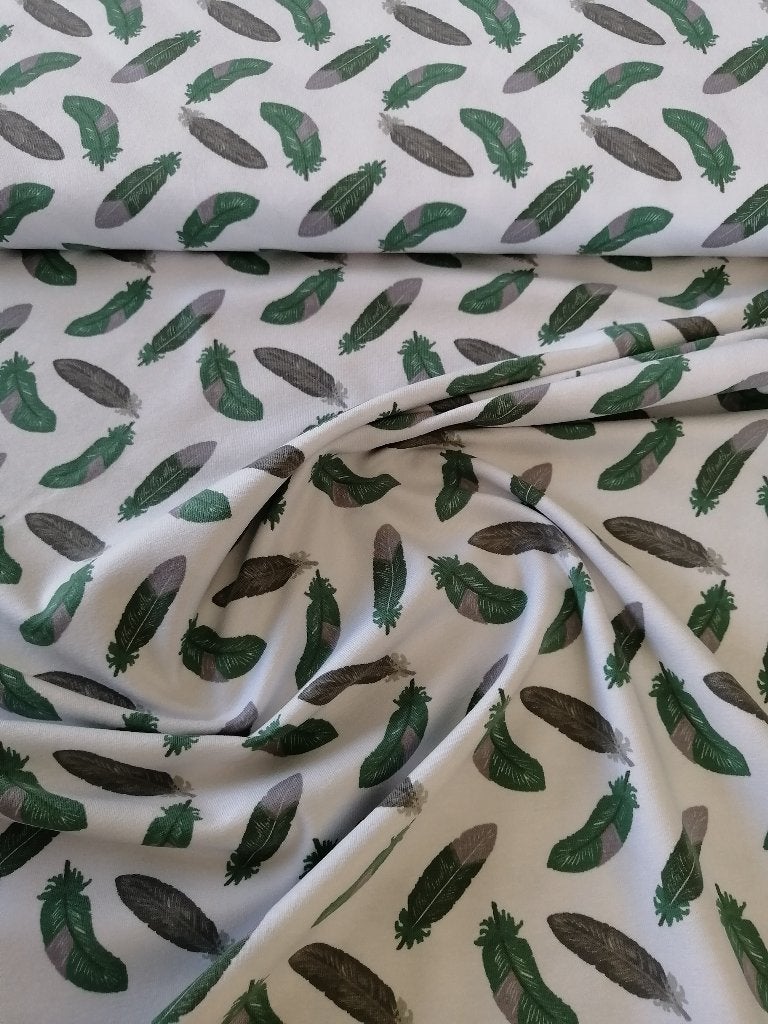 Outlet : Jersey stof Stenzo, veren wit/mintgroen, Hobby & Loisirs créatifs, Tissus & Chiffons, Neuf, 200 cm ou plus, Coton, 120 cm ou plus