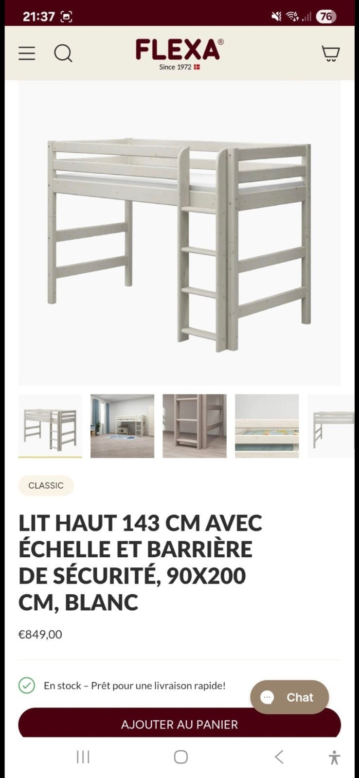 Lit en hauteur Flexa avec échelle gris/blanc, 90 cm, Lit mi-hauteur mezzanine, Une personne, Enlèvement