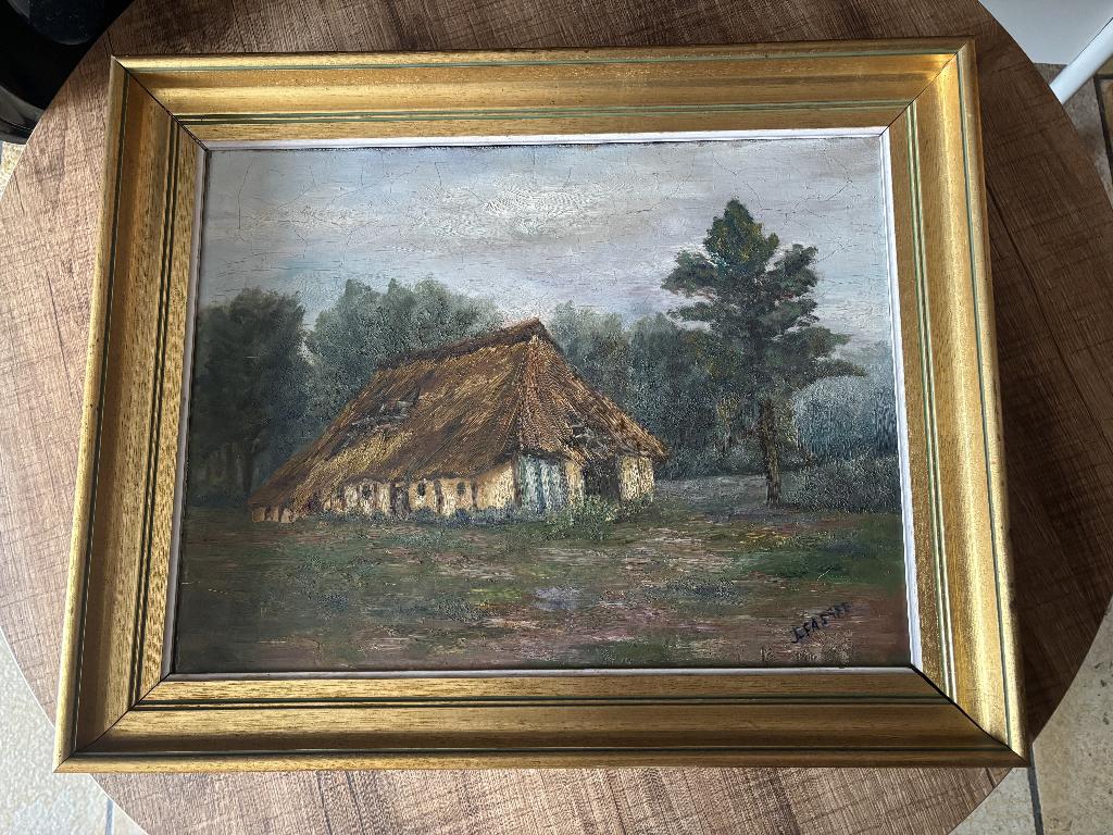 Olieverfschilderij – landschap met boerderij (52 x 42 cm), Antiek en Kunst, Ophalen
