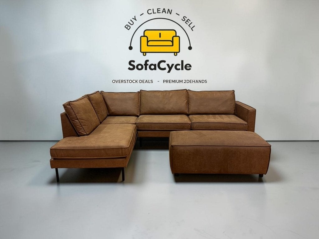 Fauteuil d'angle en microfibre cognac avec pouf, Enlèvement ou Envoi, SofaCycle VOF, Utilisé, Zonnestraat 223-229, 9600 Ronse, België