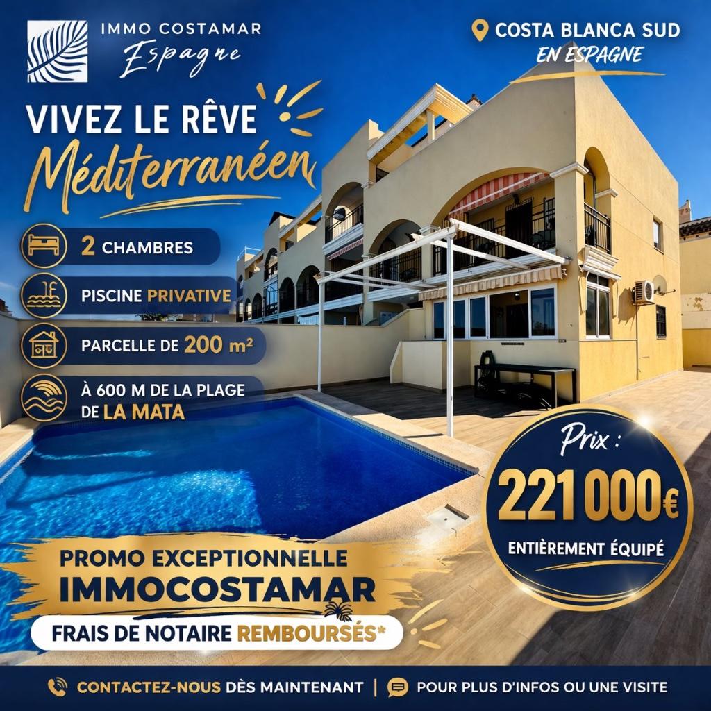 bungalow bord de mer espagne costa blanca, Immo, Village, Maison d'habitation, 2 pièces, La mata Torrevieja