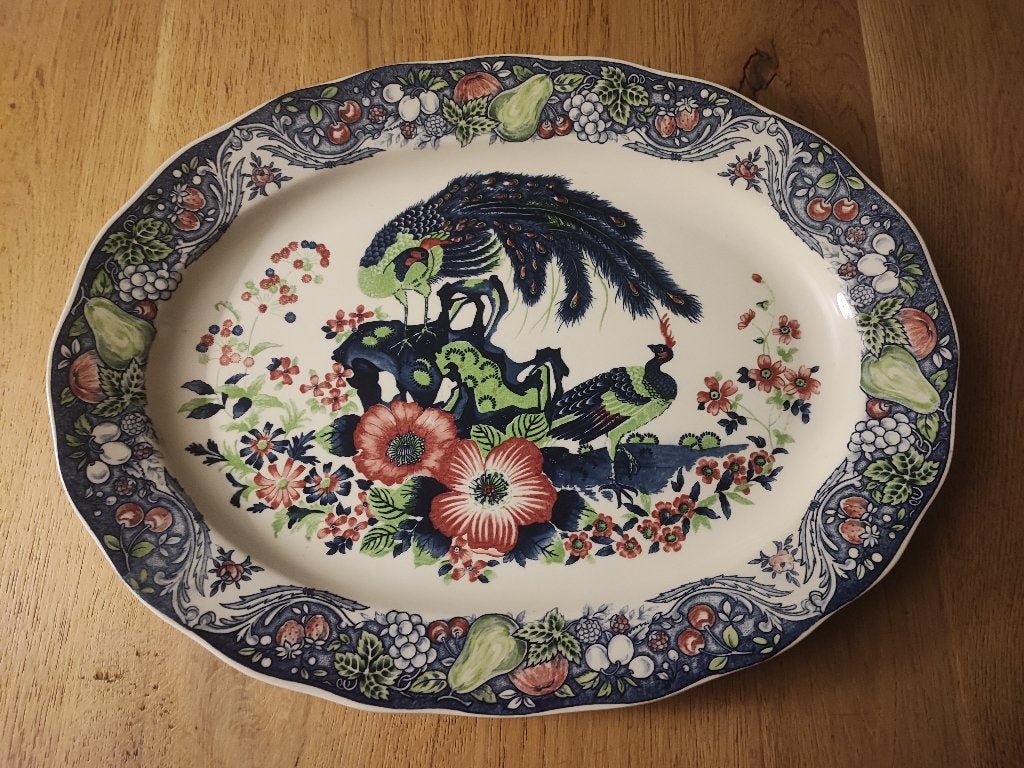 Grote Chinese serveerschotel met pauwen, Ophalen of Verzenden