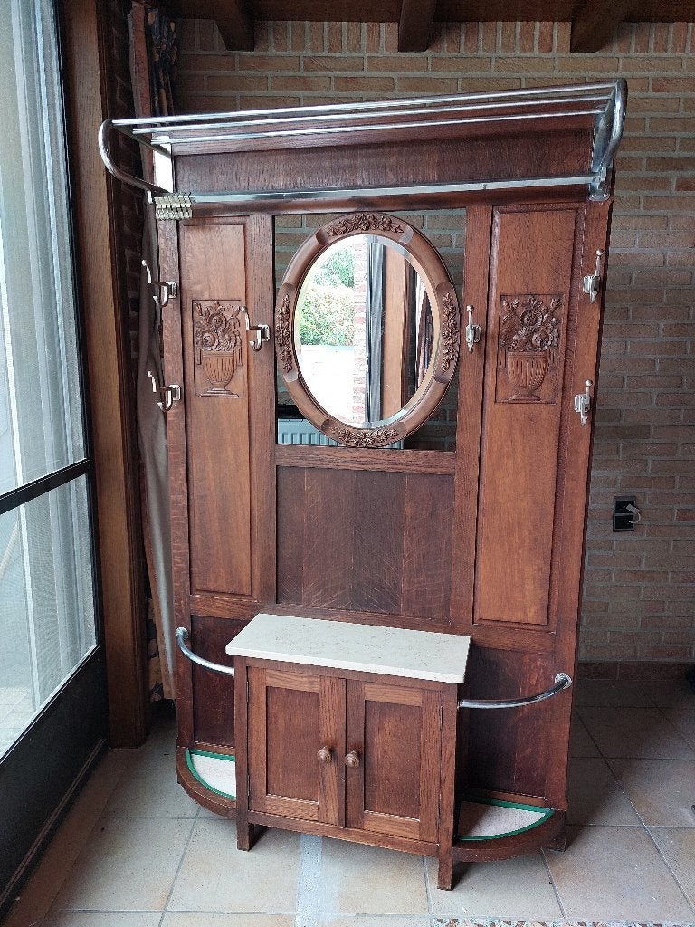 Meuble d'entrée vintage/ancien en bois avec miroir ovale, Enlèvement