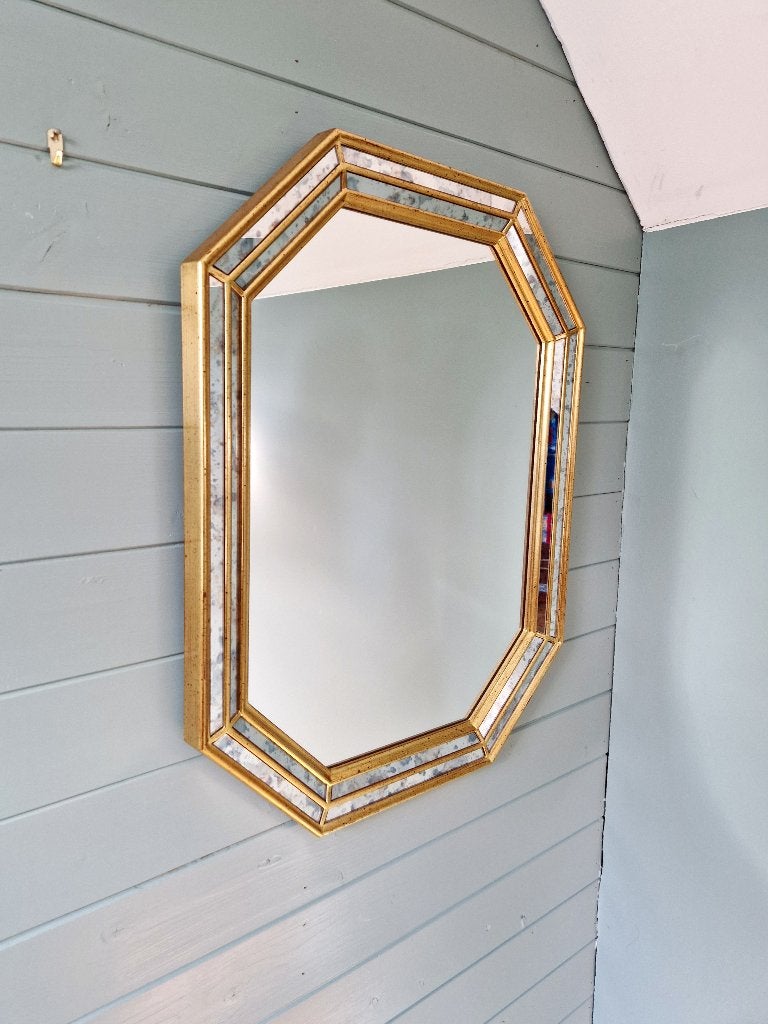 Vergulde houten spiegel, Deknudt, 1970, Ophalen of Verzenden, Overige vormen, Minder dan 50 cm, Minder dan 100 cm
