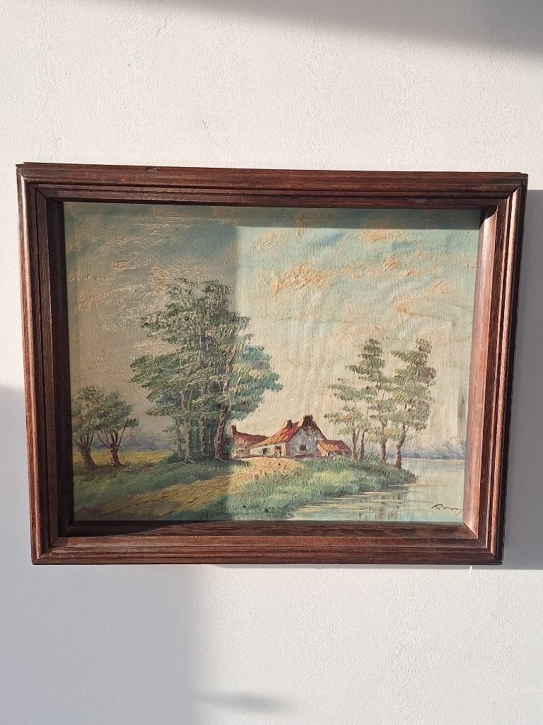 Schilderij: Landschap met boerderij en water, Antiek en Kunst, Kunst | Schilderijen | Klassiek, Doek, Realistisch, Ophalen of Verzenden