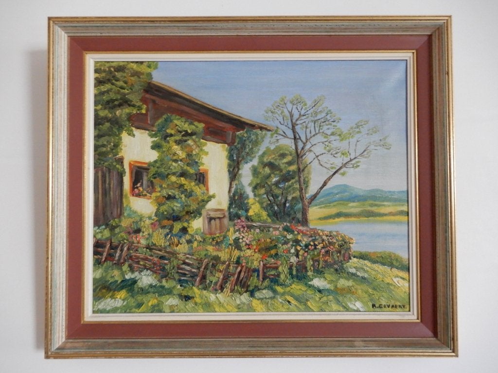 R. Gevaert 'Huis aan het meer', Enlèvement, Encadré, Paysage, Toile