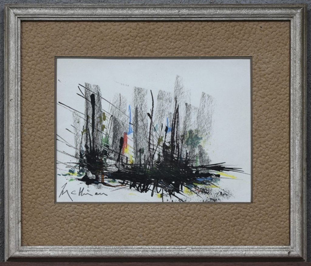 Gemengde techniek op papier, Gesigneerd "Mathieu", Antiek en Kunst, Kunst | Tekeningen en Fotografie, Ophalen, Gemengde techniek