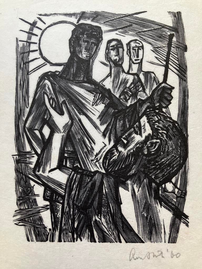Houtsnede Lou Strik (1921-2001), Antiek en Kunst, Kunst | Etsen en Gravures, Ophalen, Houtsnede