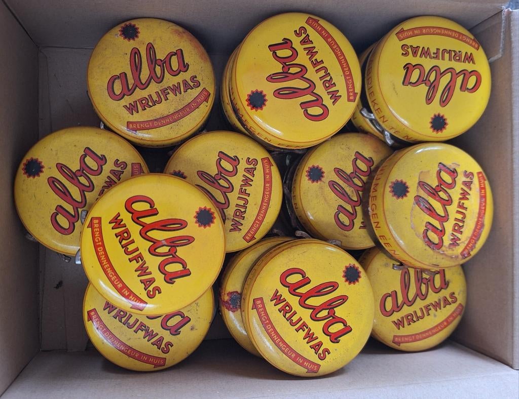 24 vintage reclame blikken met was Alba, Verzamelen, Ophalen of Verzenden