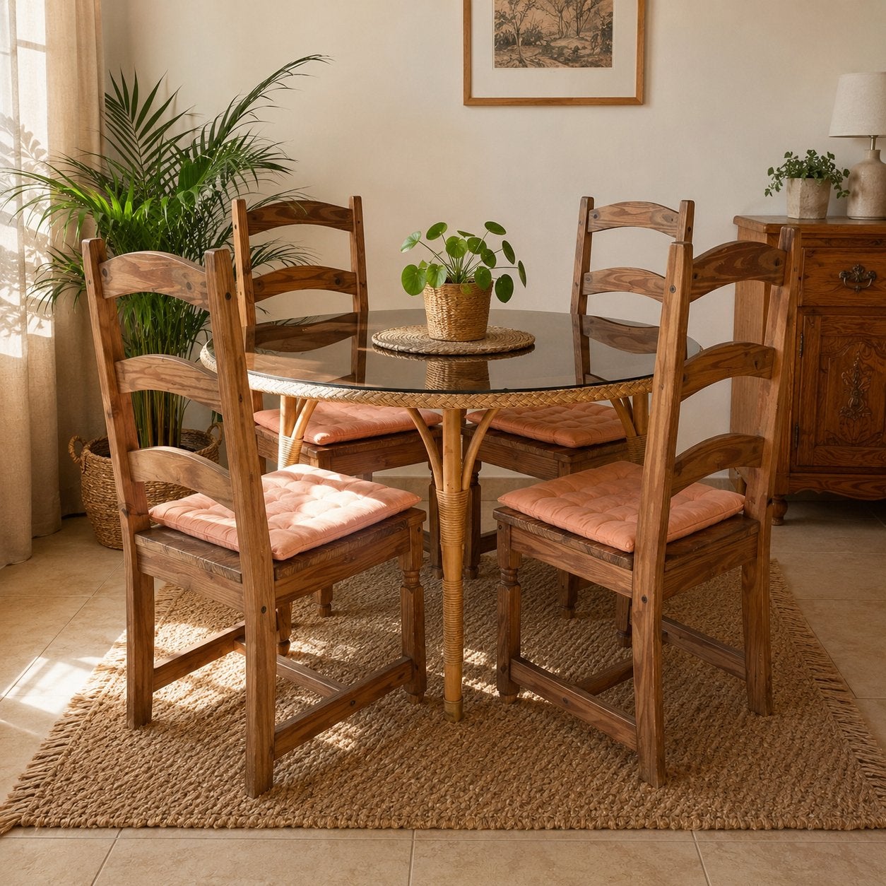 Houten eetkamerstoelen met kussens - Goede staat, Huis en Inrichting, Ophalen, Gebruikt, Bruin, Vijf, Zes of meer stoelen