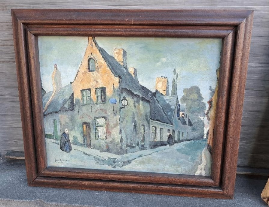 Huile sur panneau ruelle a bruges signe jean lecomte, Antiquités & Art, Enlèvement ou Envoi, Panneau