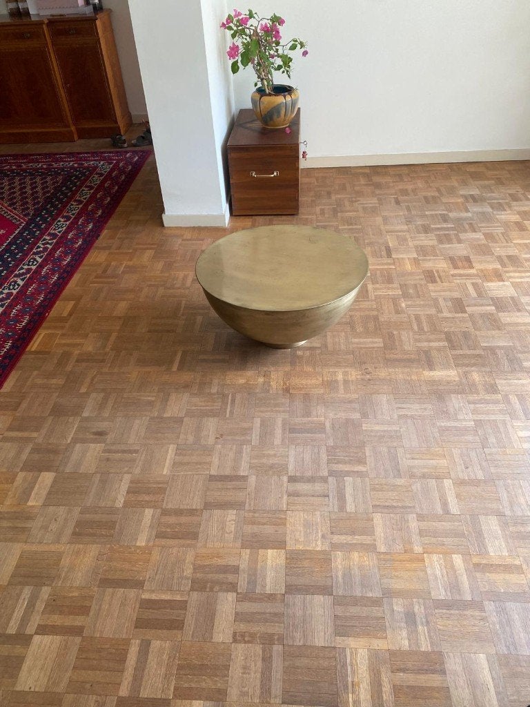 Salontafel goudkleurig metaal, lage bijzettafel, Ophalen, Gebruikt, 50 tot 100 cm, Rond