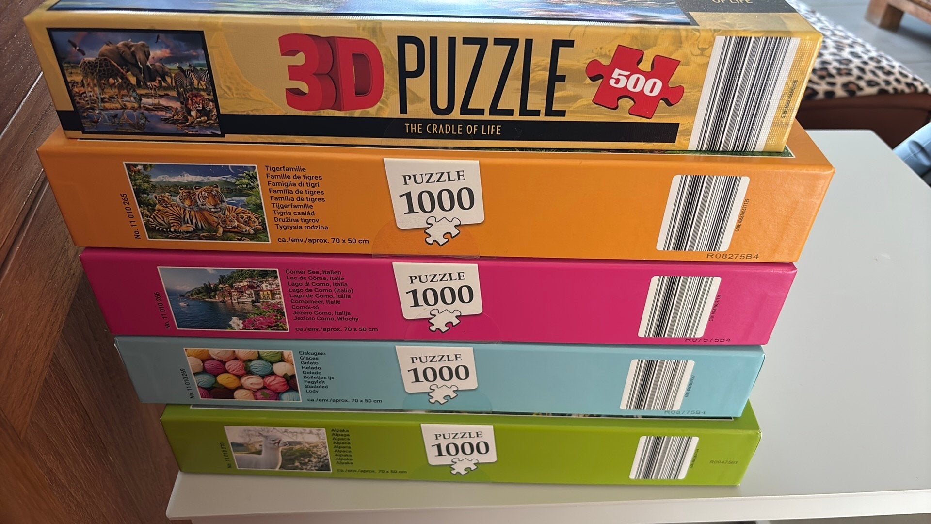 4 puzzels 1000 stuks en 1 puzzel 3D van 500 stuks, Hobby en Vrije tijd, Ophalen, 500 t/m 1500 stukjes, Zo goed als nieuw, Legpuzzel