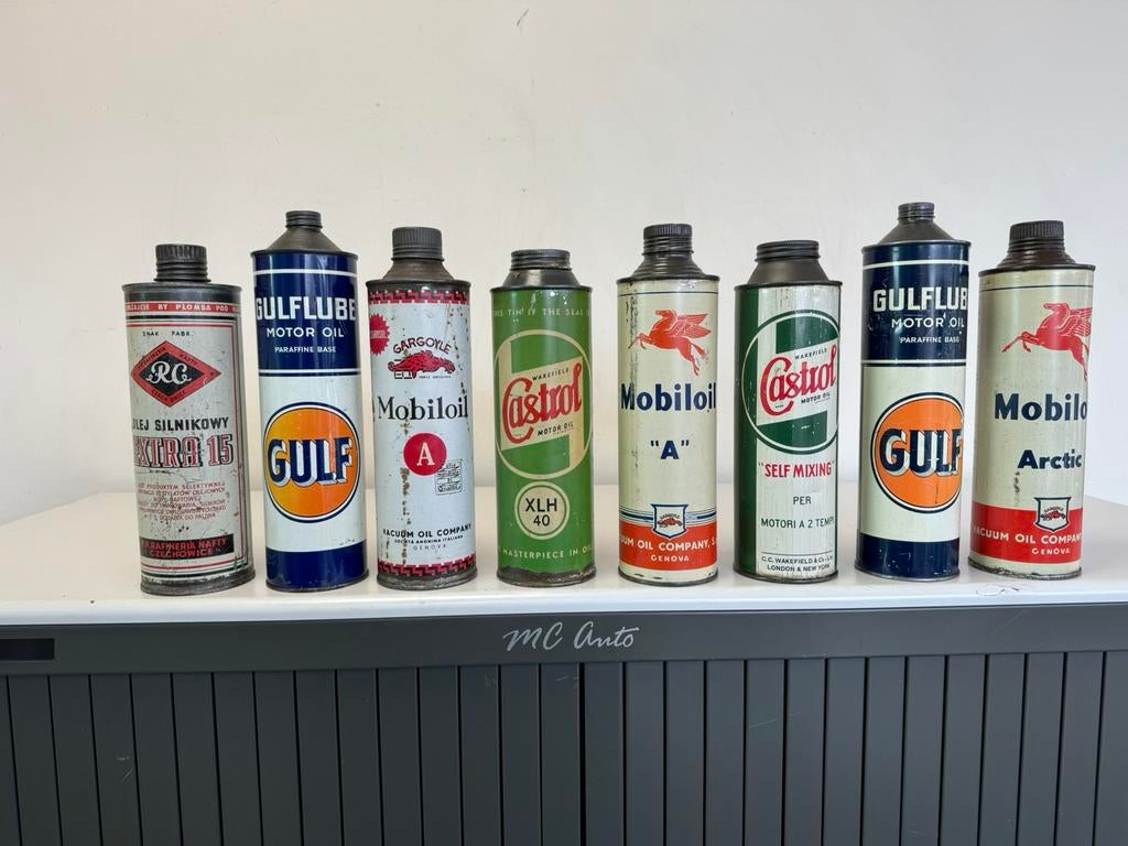 Divers bidons d'huile Gulf/Mobiloil/Castrol, Enlèvement ou Envoi, Utilisé, Emballage