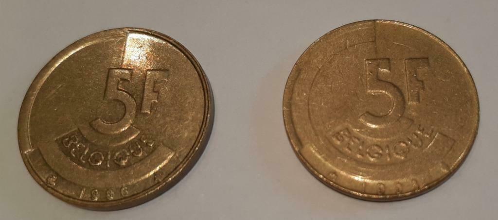 2 munten van 5 francs " Belgique " 1986 en 1993 Boudewijn VG, Postzegels en Munten, Munten | België, Ophalen of Verzenden, Metaal