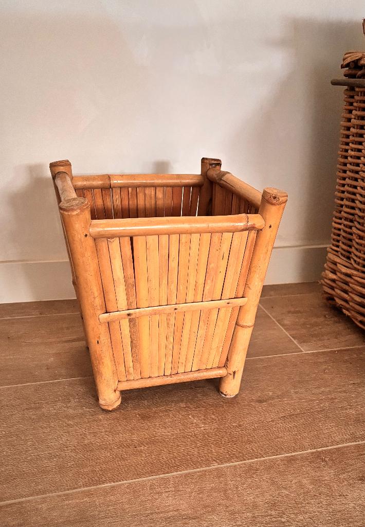 Vintage retro bamboe plantenbak, bloempot vierkant, 25 tot 40 cm, Overige materialen, Vierkant, Ophalen of Verzenden