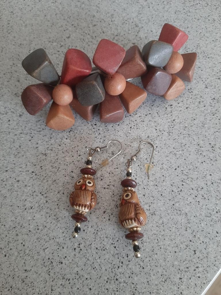 Boho houten haarspeld en uiltjes oorbellen. Handgemaakt ☝, Ophalen of Verzenden, Zo goed als nieuw