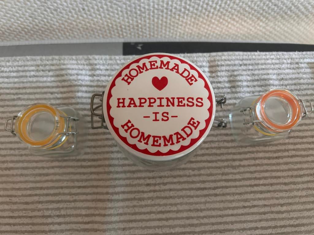 3 glazen potjes, Huis en Inrichting, Keuken | Potten en Pannen, Ophalen, Zo goed als nieuw, Glas, Pot, Bus of Blik