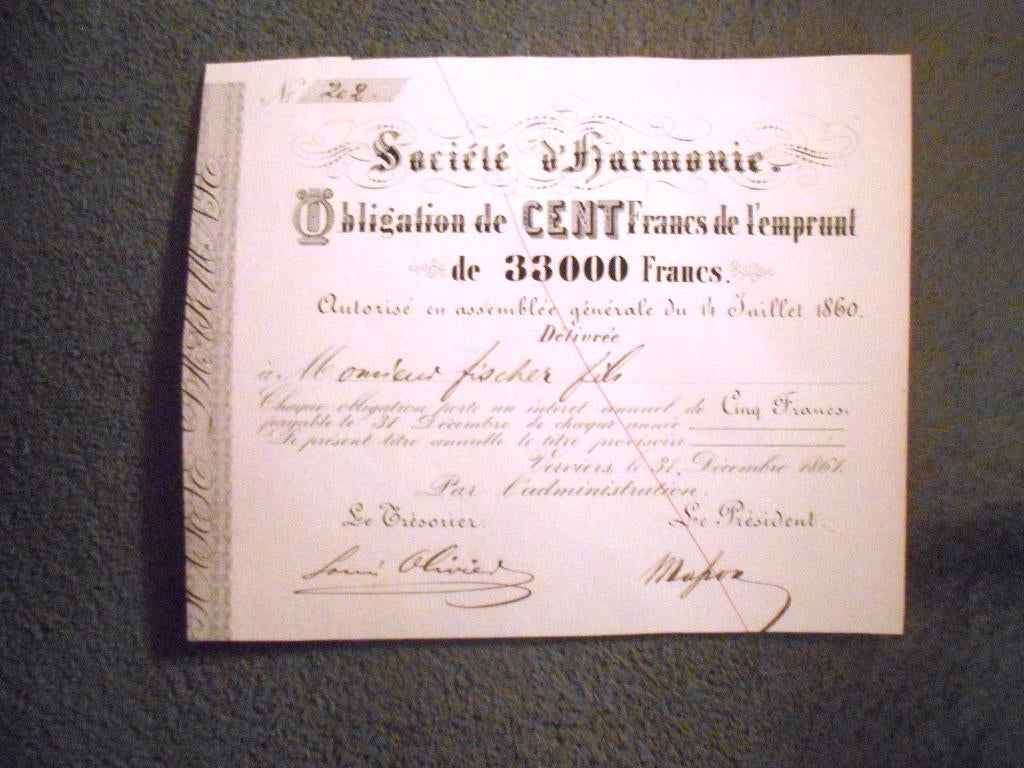 ancienne obligation 1861 Société d'Harmonie Verviers, Enlèvement ou Envoi, Avant 1920, Obligation ou Prêt