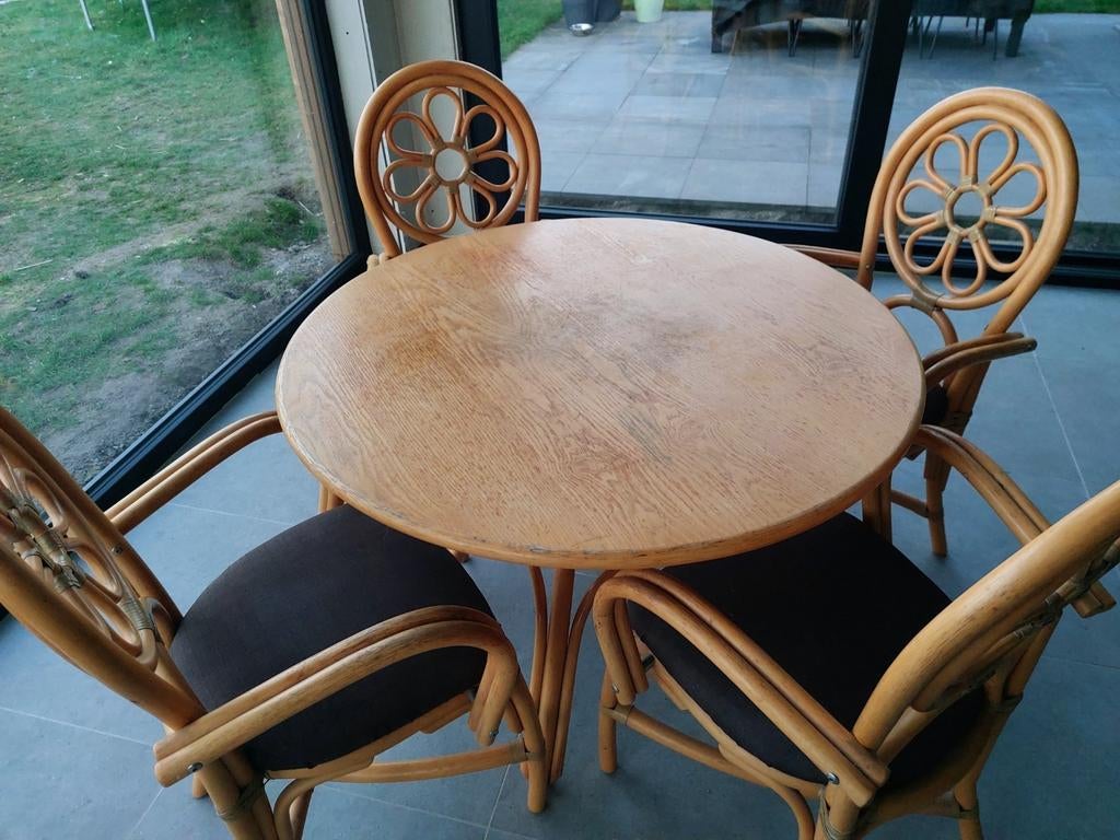Tafel en 4 stoelen in bamboe, Huis en Inrichting, Ophalen, Gebruikt