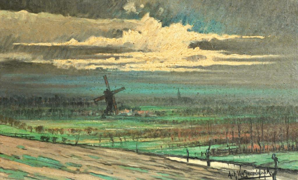 Achille Van Sassenbrouck (1886-1979): Molenlandschap (87x65), Ophalen of Verzenden