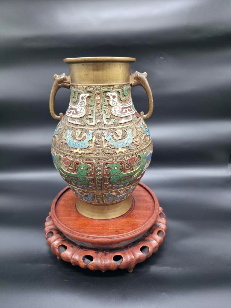 Ronde bronzen chinese ingelegde vaas 19e eeuw, Ophalen