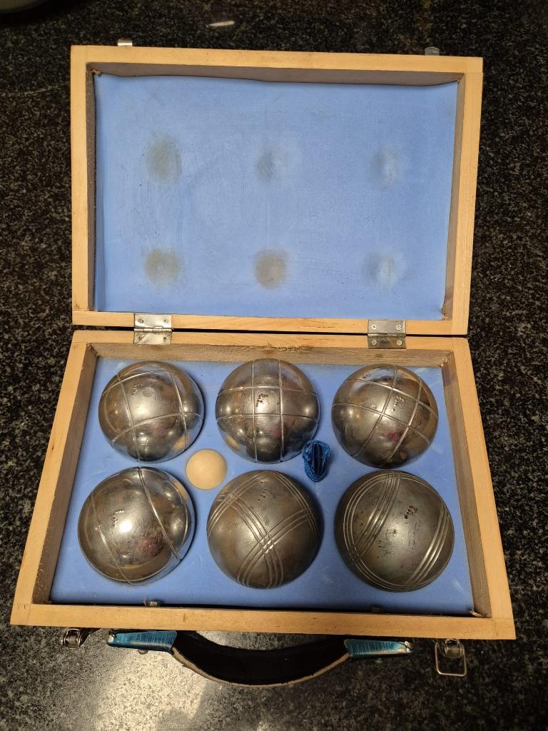 Kistje van 6 petanqueballen + koordmeter - Vintage, Ophalen, Gebruikt, Metaal, Overige typen