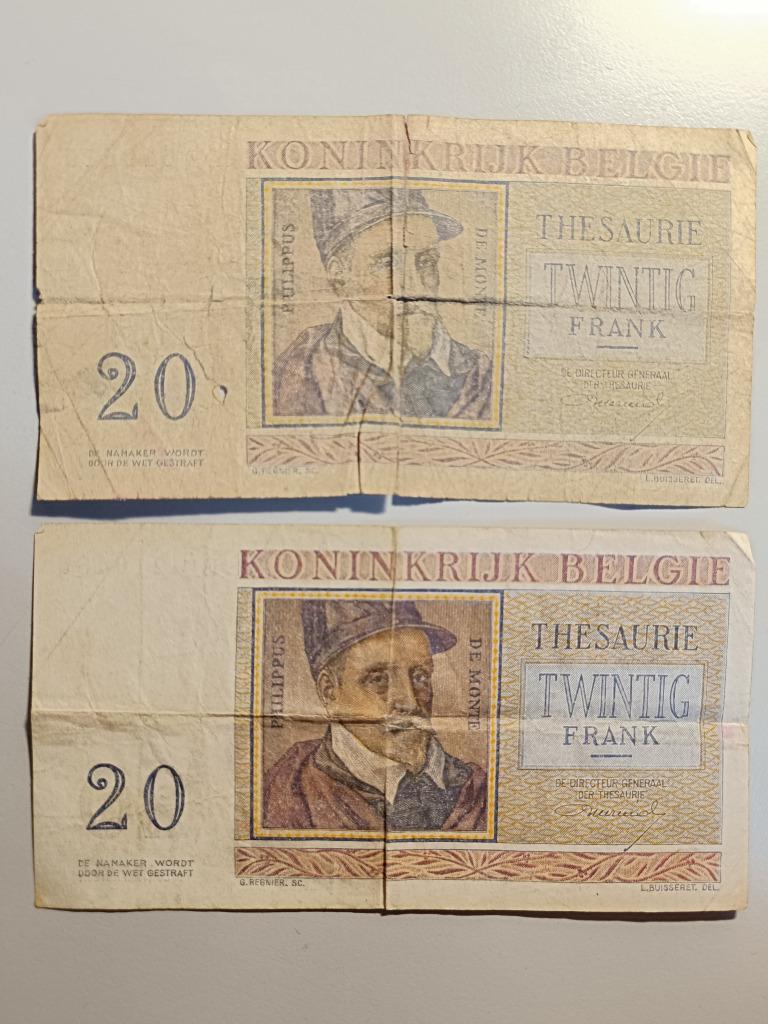 2 billets de 20 Francs Belges 1956, Enlèvement ou Envoi, Billets en vrac