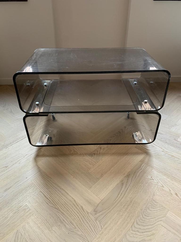 Vintage plexiglas salontafel / TV-meubel - smoked lucite, Huis en Inrichting, Ophalen, Minder dan 50 cm, Gebruikt, 50 tot 100 cm