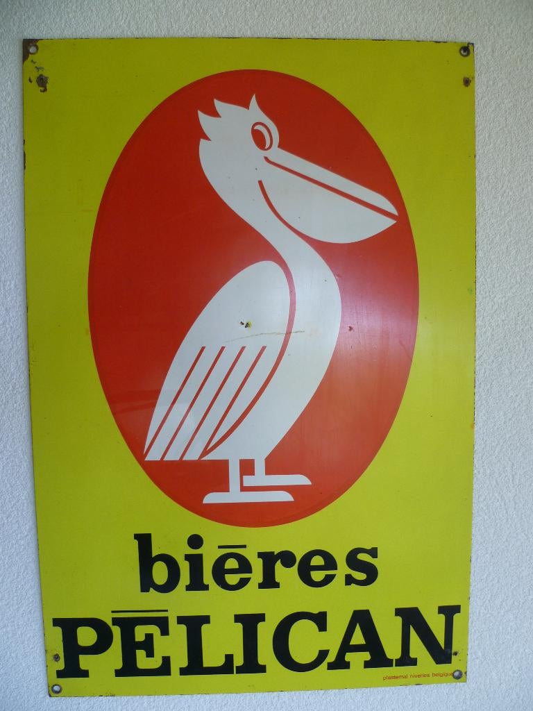 METALEN RECLAMEPLAAT"BIERES PELICAN"UIT JAREN 60, Verzamelen, Merken en Reclamevoorwerpen, Ophalen of Verzenden, Gebruikt, Reclamebord