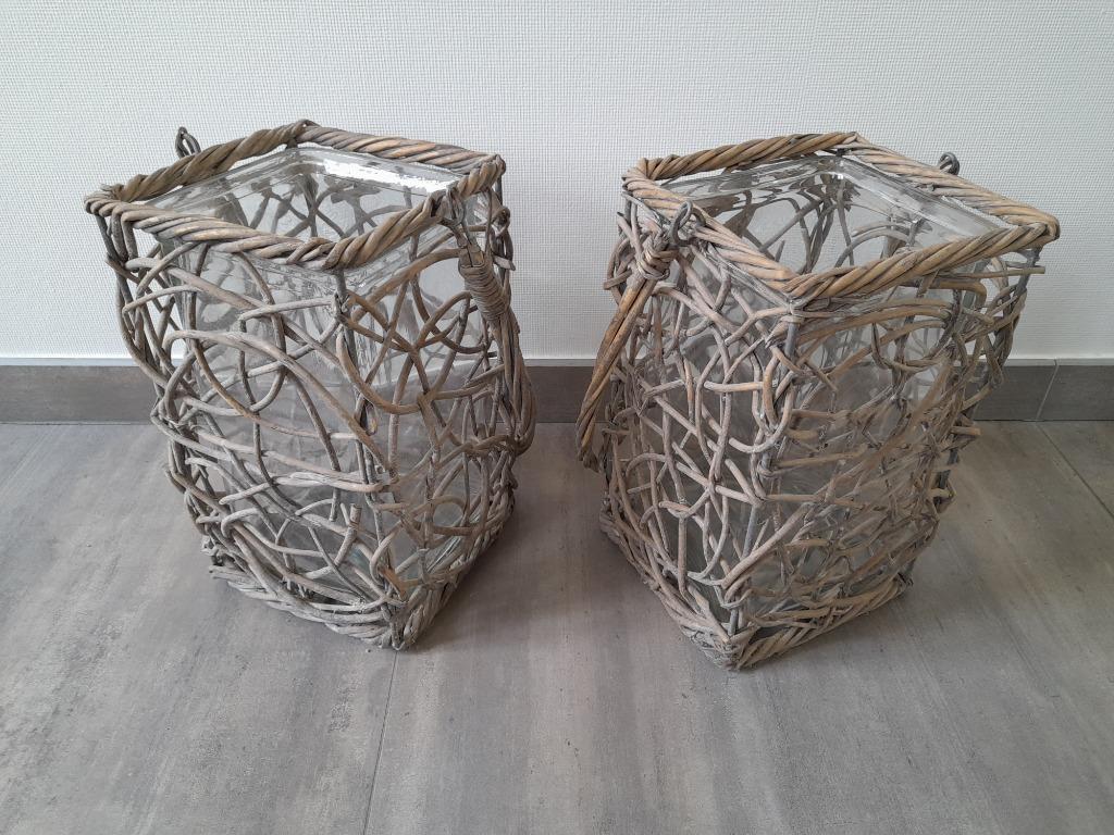 Rieten lantaarns met kaarsenhouders in glas, Enlèvement, Comme neuf, Autres matériaux