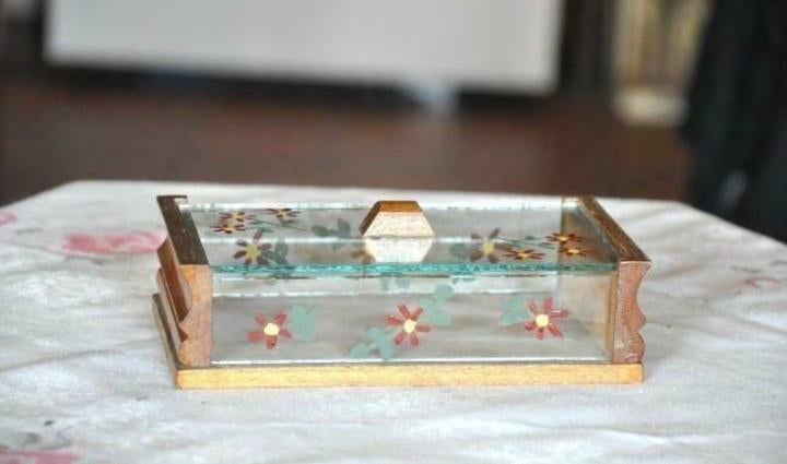 boite vitrine art deco bois et verre peint main, Enlèvement ou Envoi