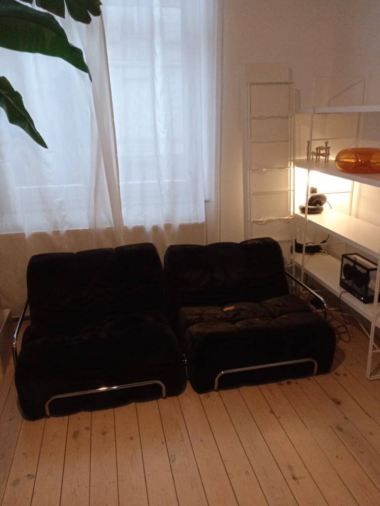 Twee vintage fauteuils van chroomfluweel, Huis en Inrichting, Fauteuils, Ophalen, Gebruikt, Stof