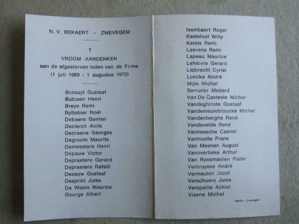 gedachtenisprentje  overledenen NV Bekaert 1969-1970, Verzamelen, Ophalen of Verzenden