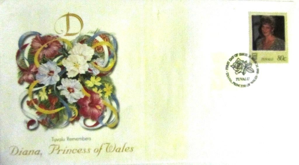 GROTE FDC- PRINSES DIANA MET POSTZEGEL TUVALU, Ophalen of Verzenden, Gestempeld, Koningshuis