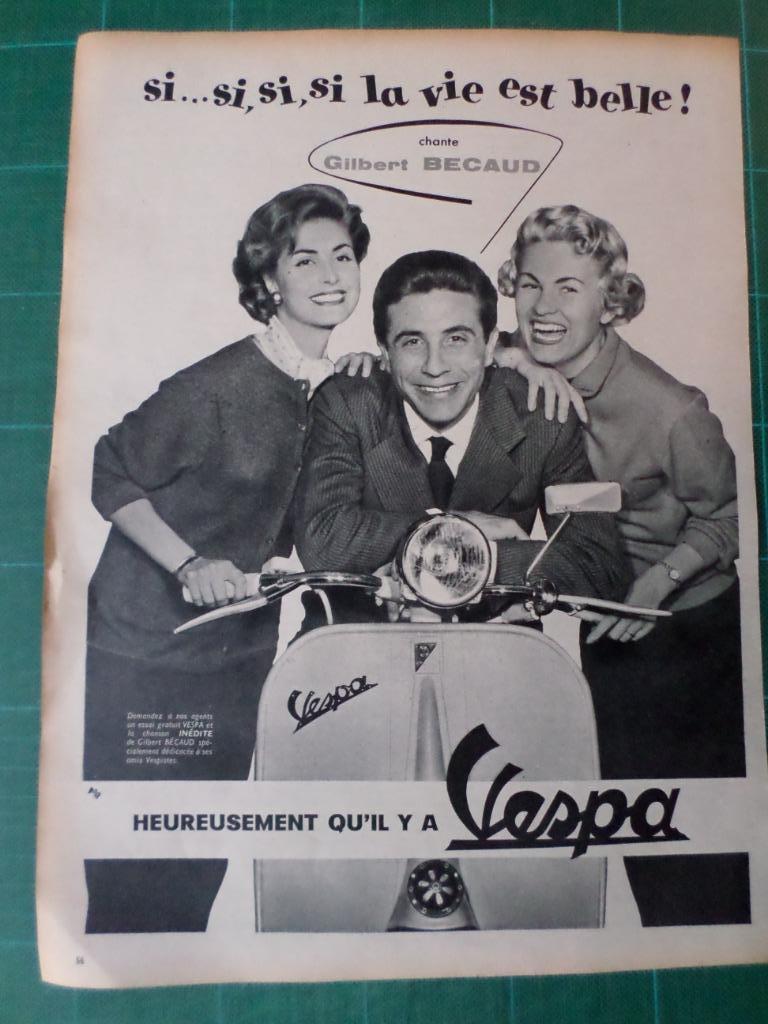 Gilbert Becaud Vespa - publicité papier Vespa - 1957, Ophalen of Verzenden, Gebruikt, Overige typen