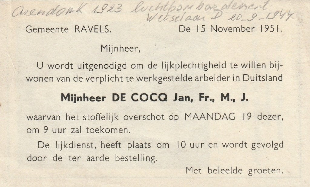 Luchtbombardement 1940-45 Jan De Cocqo Wetselaar D 1944, Verzamelen, Bidprentjes en Rouwkaarten, Verzenden